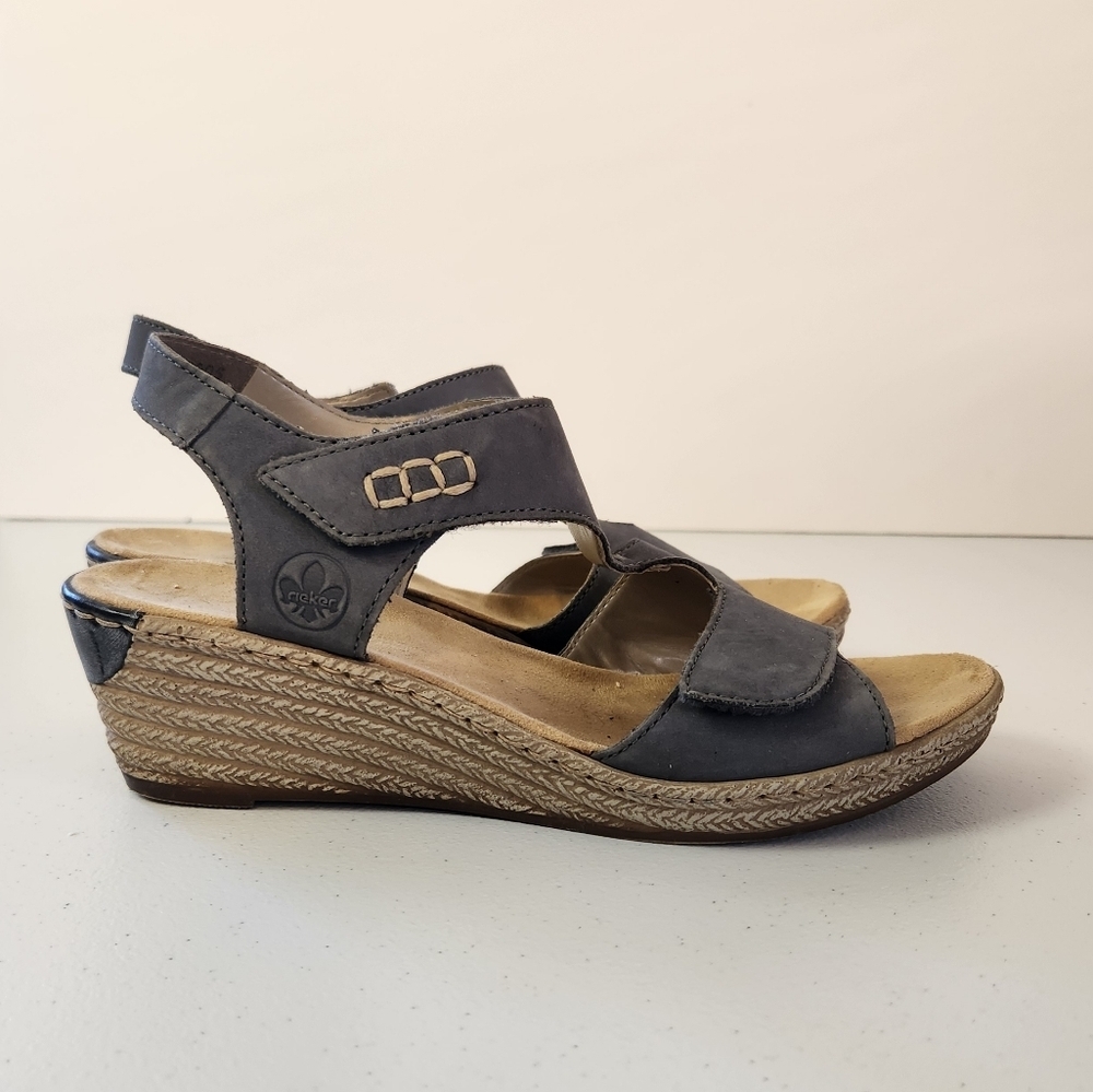 Rieker Mule Open Toe Wedge Sandals Shoes Blue Womens Size 38 7 Summer Comfort
